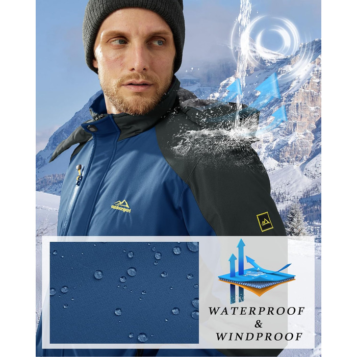 Зимова куртка KEFITEVD для чоловіків: водонепроникна, тепла, з капюшоном, softshell, флісова, розмір M, колір джинсовий блакитний