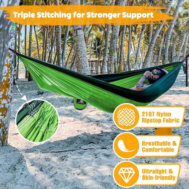 Гамак для кемпінгу NATUREFUN | Легкий, 300 кг, 275x140 см, дихаючий, швидковисихаючий, нейлон, 2 карабіни, 2 петлі, для дому та саду