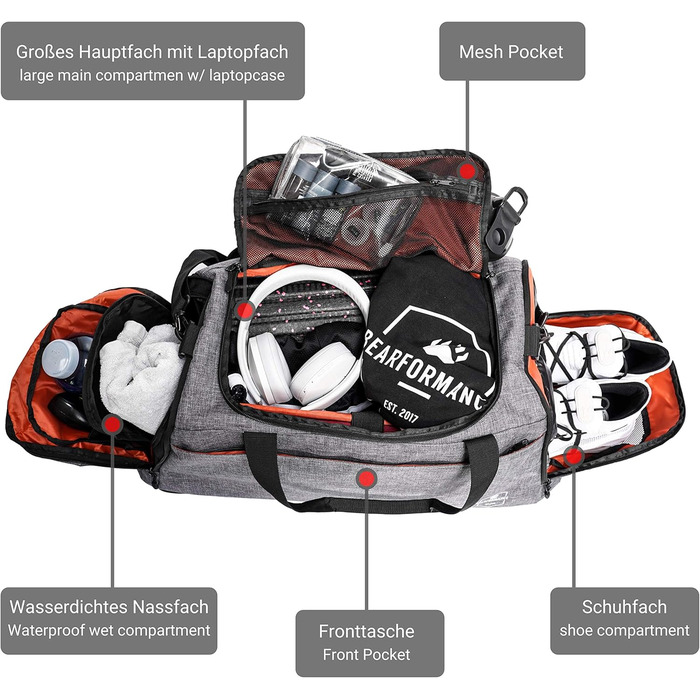 Спортивна сумка Bearformance Ultimate 50L з рюкзаком, відділенням для взуття та вологих речей, сіра, з переробленого PET, для тренажерного залу, подорожей, чоловіків і жінок
