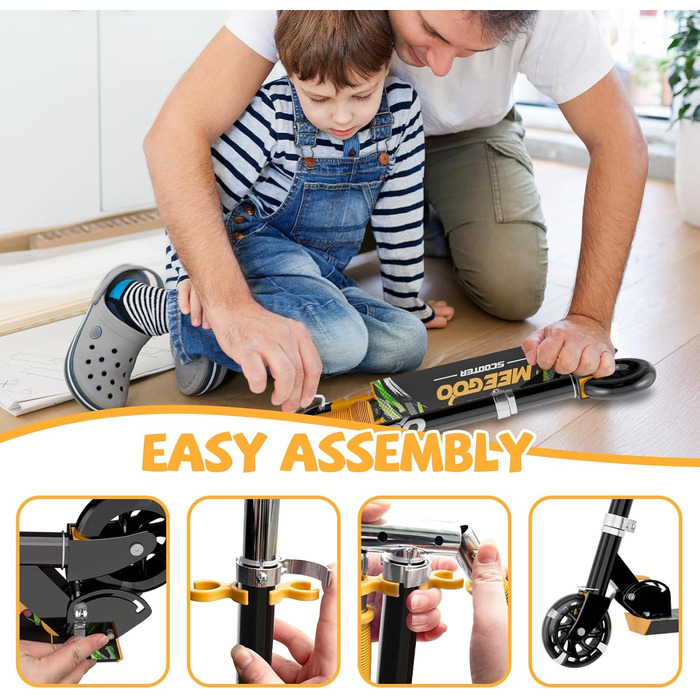 MEE GOO Роликовий самокат для дітей з алюмінію, складний, 3 регульовані висоти, LED колеса, чорний