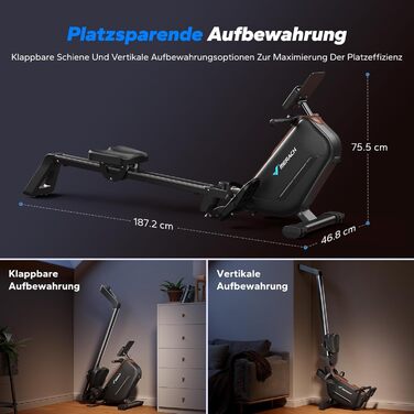 Гребний тренажер MERACH для дому, складаний, з магнітним приводом, тихий, з додатком, подовжені направляючі рейки, електричне регулювання (Plug-in)