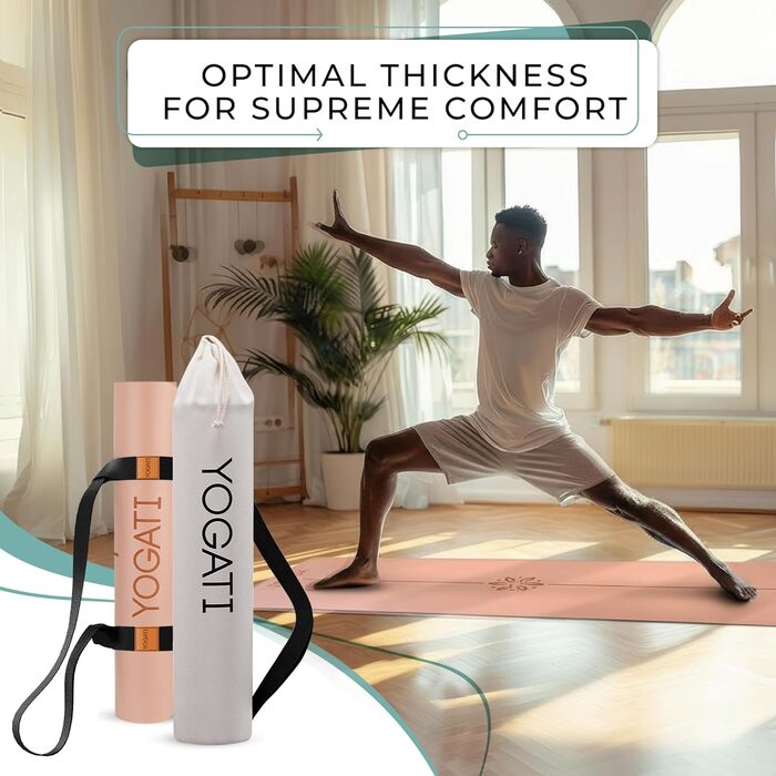 Протиковзкий килимок для йоги та фітнесу YOGATI з натурального каучуку, великий килимок для пілатесу та тренувань з розміткою та сумкою, коричневий