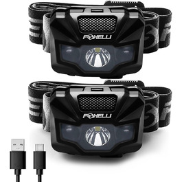 Foxelli LED налобний ліхтар з акумулятором – Ultraleichte перезарядна налобний ліхтар з червоним світлом для дорослих та дітей, для бігу, джогінгу, читання, риболовлі, велосипеда, кемпінгу, піших прогулянок та активного відпочинку 2 шт. Чорний