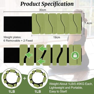 Набір манжет для збільшення ваги 2 шт. (0,46 кг кожна), регульовані ваги для зап'ястя, фітнес-браслети з вагою, ваги для ніг для танців, балету, пілатесу, кардіо, аеробіки, ходьби, зелені