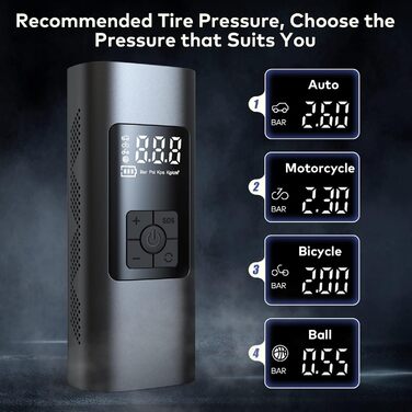 Електрична портативна насос-помпа Wistrue 150PSI з акумулятором 6000mAh, цифровим LCD-дисплеєм та функцією Powerbank для велосипедів, авто, мотоциклів і м'ячів