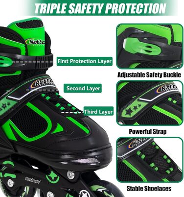 Роликові ковзани Nattork для дітей з підсвічуванням, ролики для катання на вулиці та в приміщенні (37-41, зелені)