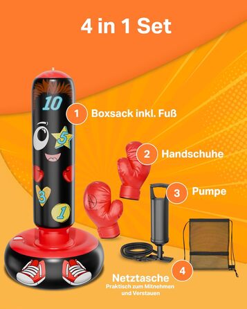 AVENTERA® Боксерський мішок для дітей 3-12 років (160см, навчальний ефект) - 4-в-1 комплект - для тренувань, розвитку рухливості та моторики - перевірена якість