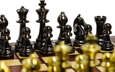 Шаховий набір Staunton 40см, фігури з металізованого пластику, дерев'яна шахівниця, фігури з металевим навантаженням, жовтий колір