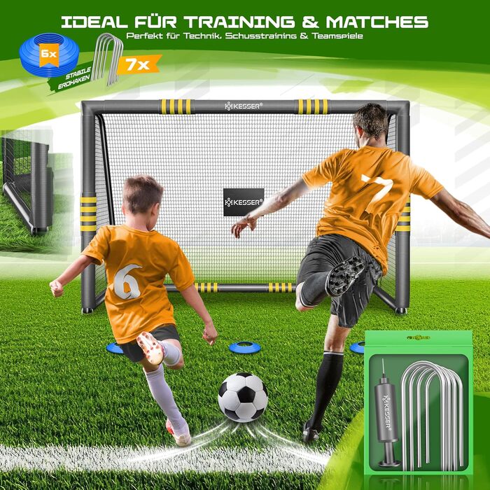 Ворота для футболу KESSER® для саду: міцні, для тренувань на вулиці, з UV-стійкою сіткою, сталевий каркас з покриттям, земляні кілки, насос, фішки, аксесуари для монтажу (240см, антрацит)