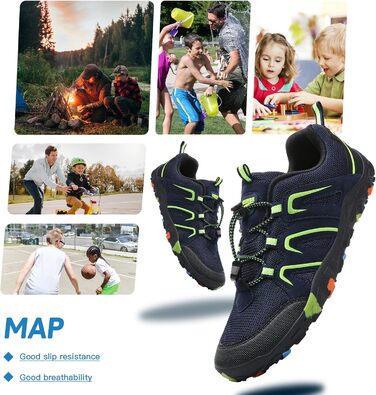 Дитячі трекінгові черевики Littleplum для хлопчиків. Зручні, дихаючі, антиковзкі черевики для активного відпочинку та трейлраннінгу. Розмір 40 EU, темно-синій/зелений.