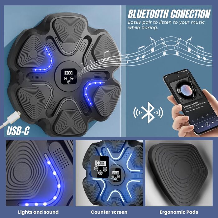 Електронна музична бокс-машина Vicyol S&D з Bluetooth, LED підсвічуванням, рукавичками, PU настінне тренувальне обладнання, 9 режимів, 40x40x4 см