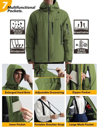 Чоловіча лижна куртка GEMYSE з інтегрованими лямками та капюшоном. Тепла зимова куртка, водонепроникна вітрозахисна куртка для сноубордингу та походів. Колір: хакі.