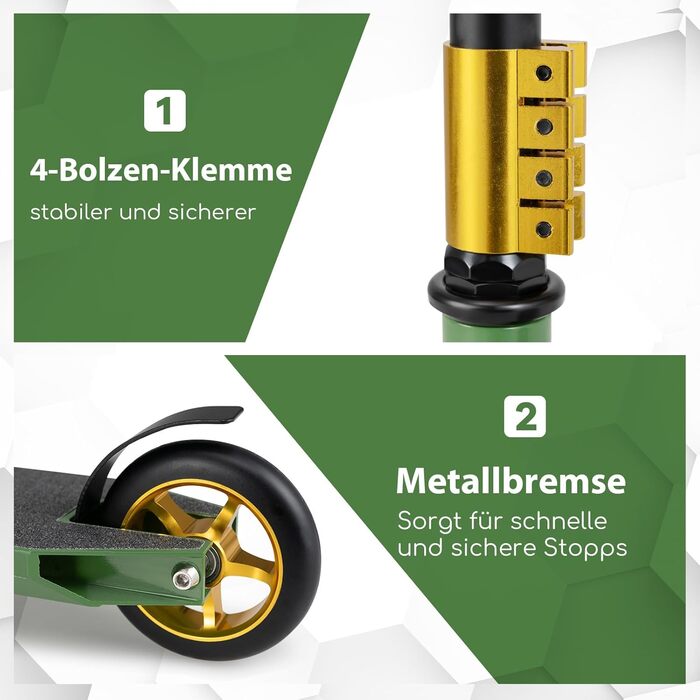 COSTWAY Стантер скутер з 360° поворотом, колеса 110 мм PU, підшипники ABEC-7, алюмінієва дека, вантажопідйомність 100 кг, для дітей від 10 років (зелений)