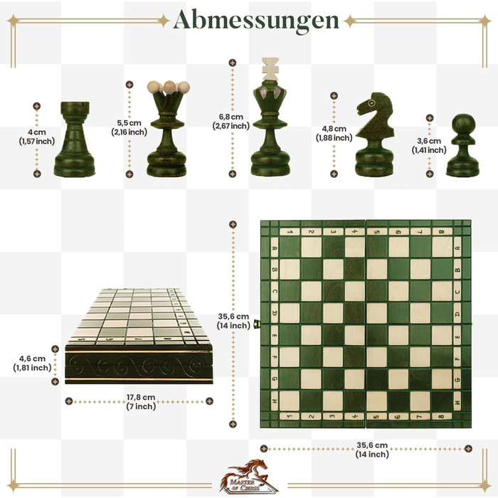 Шахи дерев'яні преміум Master of Chess 35 см, складана дошка з фігурами, зелений колір, класичний сімейний набір