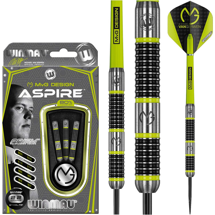 Дротики WINMAU Michael Van Gerwen MvG Aspire із вольфраму зі сталевим вістрям, призмовими крилами та нейлоновими держателями