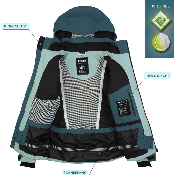 Комплект жіночого гірськолижного костюма Killtec - куртка та штани, водонепроникний та дихаючий, 10000 мм водяний вищий показник, без PFC, куртка зі снігозахисним манжетом, штани з кантозахистом, 2-х частинний, petrol / світло-петроль