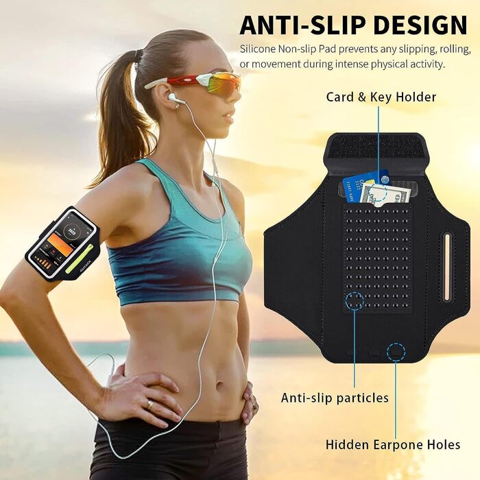 Спортивний браслет на руку для бігу з відділенням для телефону та ключей, чорний. Сумісний з iPhone 17/16/15/14/13/12/11 Pro Max/Plus та іншими смартфонами до 6.9 дюймів