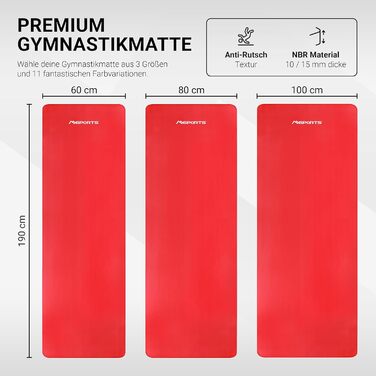 Гімнастичний килимок MSPORTS Premium 190x60x1,5 см, рубіново-червоний, без фталатів, з ременем для перенесення, постером вправ та додатком, антиалергенний фітнес-килимок для йоги