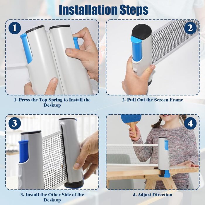 М'ячик для настільного тенісу Dalephoric, висувний, портативний, для гри в приміщенні та на вулиці, довжина до 170 см, сітка для настільного тенісу, офісний стіл, сіро-блакитний