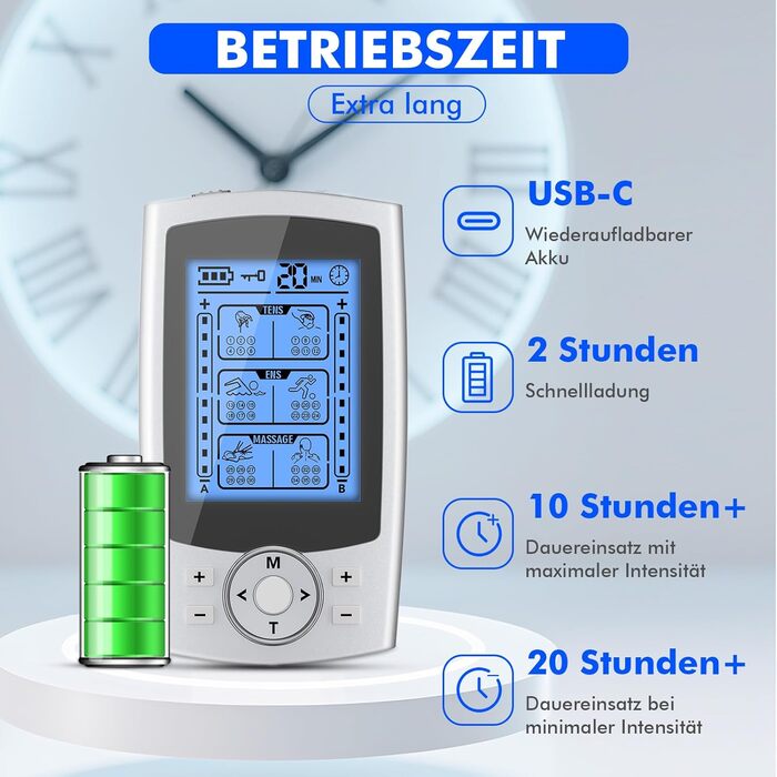 EMS масажер TENS: електрична стимуляція м'язів з 36 програмами, 10 електродів для ніг, спини, плечей