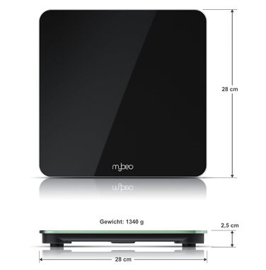 Електронні ваги MyBeo - ваги для тіла зі скла, 5-180 кг, великий LCD дисплей, kg/lb, датчики DMS, скло 6 мм, автоматичне вмикання, чорний колір