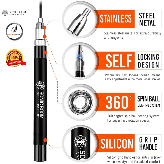 Скакалка для фітнесу Epitomie Fitness Sonic Boom M2, важена, з силіконовою ручкою, 360° обертів, 2 швидкісні троси, для дому, чорна
