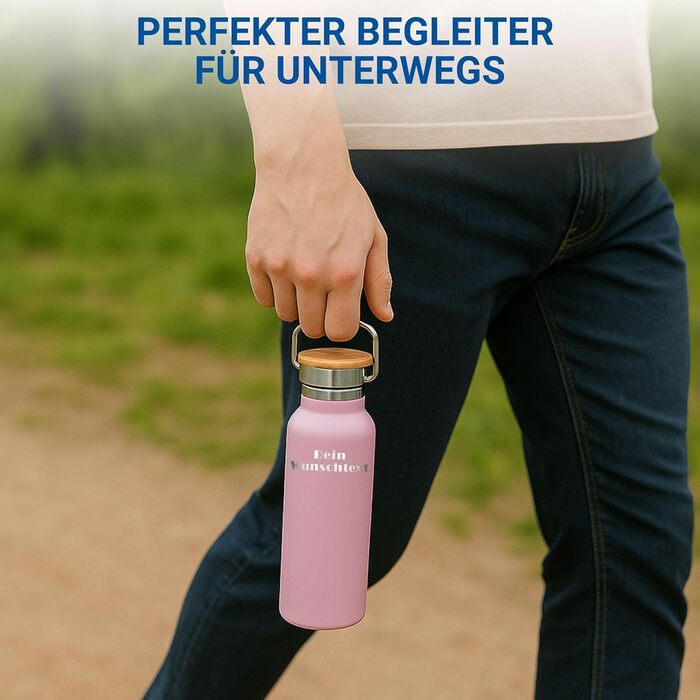 Персоналізована пляшка для води 500 мл - ізольована пляшка з нержавіючої сталі з ручкою, колір: фіолетовий, з можливістю нанесення тексту, для роботи, спорту та піших прогулянок