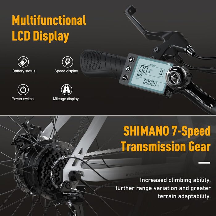 Електровелосипед HITWAY 26'' для бездоріжжя, 250Вт, 36В 12А·год знімна батарея, 7 швидкостей, запас ходу 35-90 км, білий, StVZO Pedelec