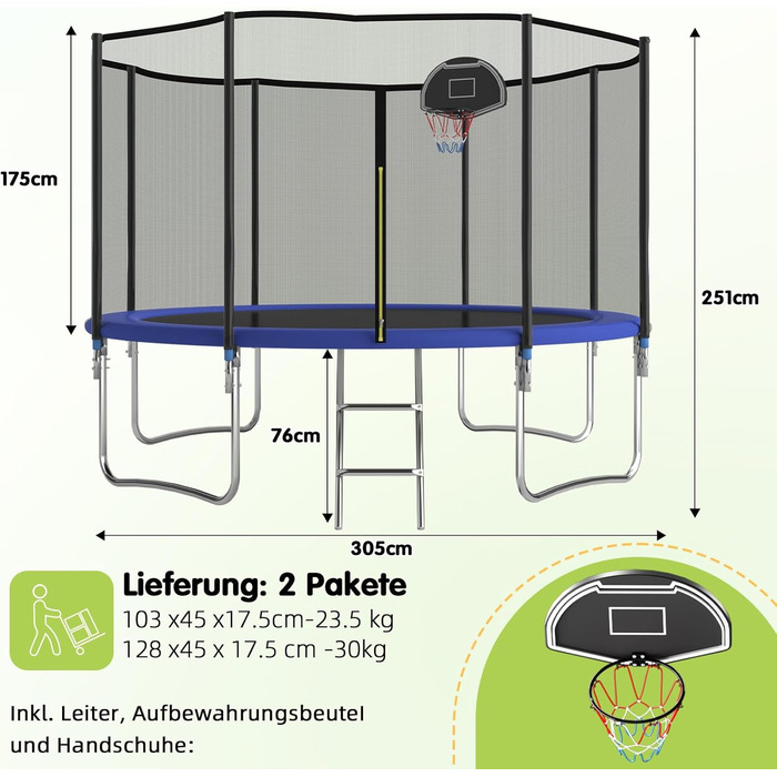 Батут Redkid Outdoor 305 см з сіткою, драбиною та баскетбольним кільцем, 440 фунтів