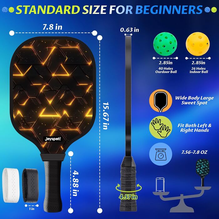 Набір для піклболу JOY SPOT! 2 ракетки + 4 м'ячі + сумка – Легкі ракетки з скловолокном для чоловіків, жінок та початківців – Для гри в приміщенні та на вулиці (Lava)