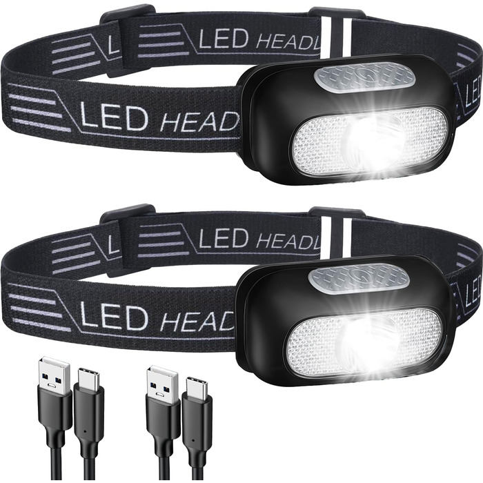 LED налобний ліхтар NREDXOON з акумулятором, USB-C, 5 режимів освітлення (включно з червоним), IPX4, водонепроникний, надзвичайно яскравий для кемпінгу, бігу, DIY та надзвичайних ситуацій (2 шт.) Чорний