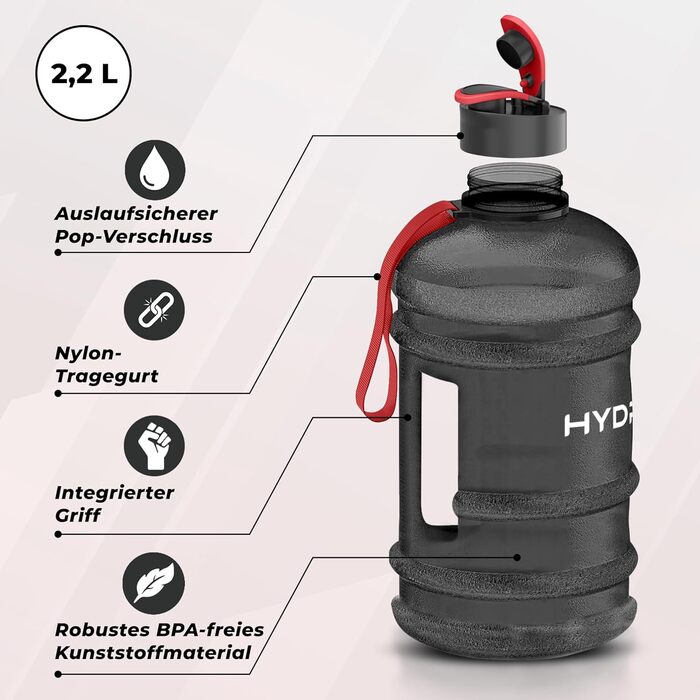 Фляга для води Hydrate XL 2,2 л - чорна, для спортзалу, спорту та подорожей, без BPA, міцна, 2200 мл