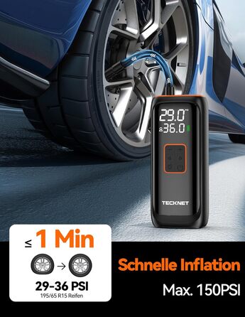 TECKNET електричний компресор 6000mAh, насос 150 PSI для авто, велосипедів, мотоциклів, м'ячів, з манометром, павербанком та ліхтариком