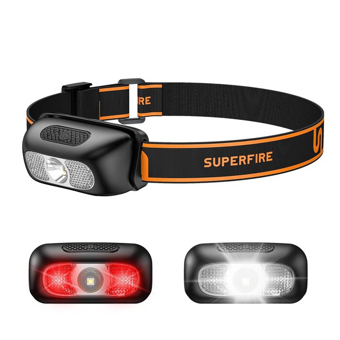 Налобний ліхтар SuperFire LED акумуляторний, водонепроникний, 5 режимів світла з червоним світлом (Помаранчевий)