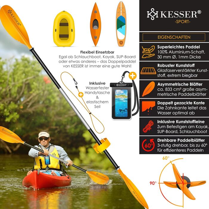Весло KESSER® Paddle Doppelpaddel з 4 частин для каяка, SUP, стенд-ап паділбордингу, 228 см, алюміній. Підходить для надувного човна, весло для стенд-ап паділбордингу. В комплекті: страховий шнур, чохол для телефону, надувне весло Orange