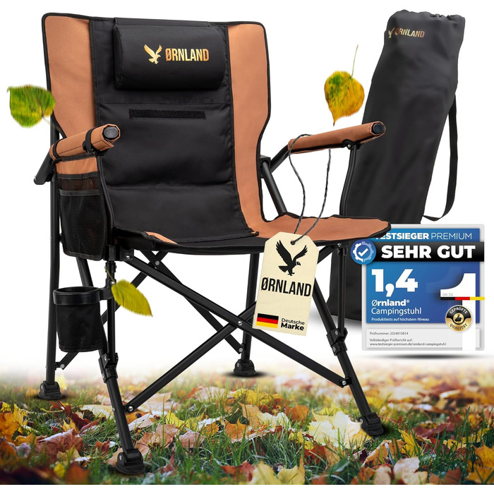 Складний туристичний стілець Ørnland для кемпінгу, риболовлі та пляжу - чорний/коричневий, до 150 кг, з кишенькою та підстаканником