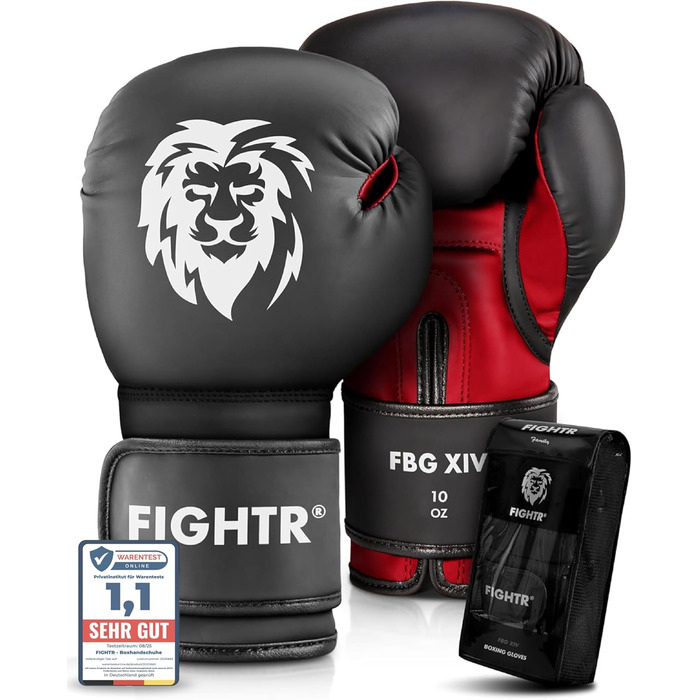 Боксерські рукавички FIGHTR® - Максимальний захист та стабільність | Для боксу, MMA, муай-тай та кікбоксингу | Розміри 6-8 oz, з сумкою (7.5 oz, Чорний / Червоний)