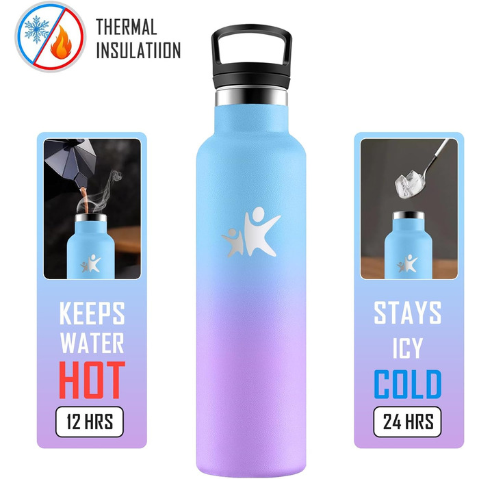 Термос-пляшка KollyKolla 750 мл, для води та газованих напоїв, з трубочкою, без BPA, з подвійними стінками, ізольована, для школи, подорожей, кемпінгу, блакитний + темно-синій