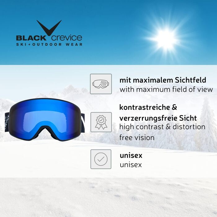 Лижна маска Black Crevice Schladming для чоловіків та жінок, подвійна ударостійка лінза, антифог, UV 400, регульований розмір, різні кольори (синій/помаранчевий/зелений), L (обхват голови 58-61 см)