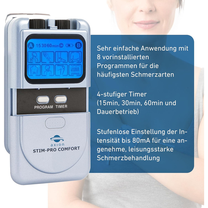 Пристрій TENS Axion STIM-PRO Comfort для терапії болю - комплект з 4 електродів 5x5 см | Reizstromgerät для лікування артрозу, артриту, болю в шиї, спині та суглобах | Сертифікований медичний продукт