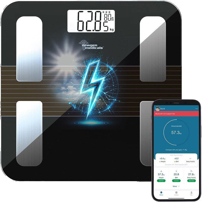 Вага Newgen Medicals: Розумна вага для тіла з сонячним акумулятором, вимірювання жиру, LCD-дисплей, до 180 кг (вага для тіла, фітнес-вага, вага для людей похилого віку)