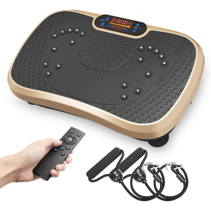 Вібраційна платформа Dripex 3D, 99 рівнів, 5 програм, Bluetooth, тренувальні стрічки, золотиста і чорна