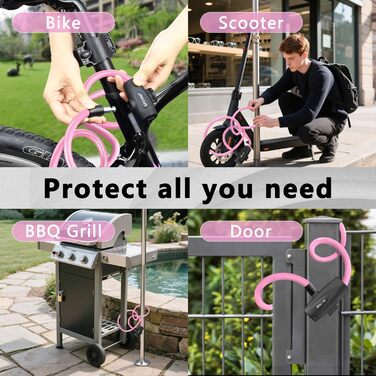 Замок для велосипеда 120см/12мм, високий рівень захисту, кабельне spiralkabelschloss з 2 ключами, протиугінний замок для велосипеда, триколісного велосипеда, мотоцикла, скутера (Рожевий)