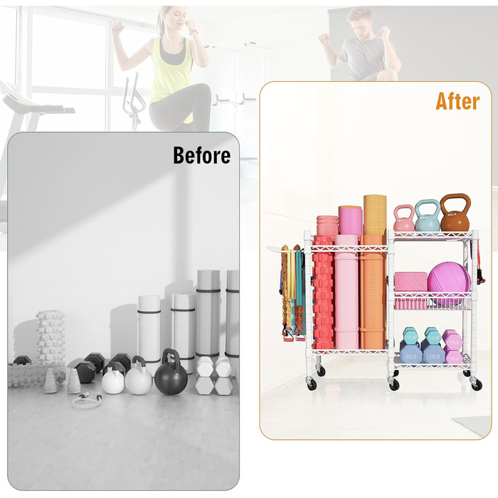 Органайзер для домашнього спортзалу FUTASSI з 3 рівнями, для килимків для йоги, ролерів, гантелей, гир та еластичних стрічок, білий/оптичний сад, подвійний ряд