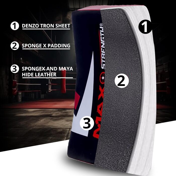 MAXSTRENGTH гелевий ударний щит для кікбоксингу, зігнута лапа для Муай Тай, захист для ударів, тренування з карате та єдиноборств, товщина 8,3 см, чорний/червоний (1 шт.)