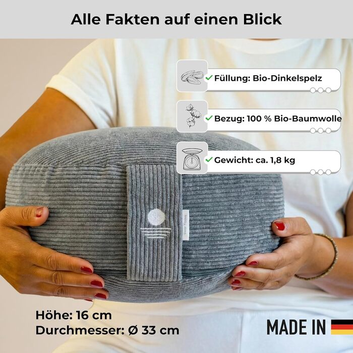 Йога подушка Inner Peace Round Cord 33x16 см XL | Подушка для медитації | Bio-Baumwolle & Bio-Dinkelfüllung | Йога подушка для сидіння | Зроблено в Німеччині (Антрацит)
