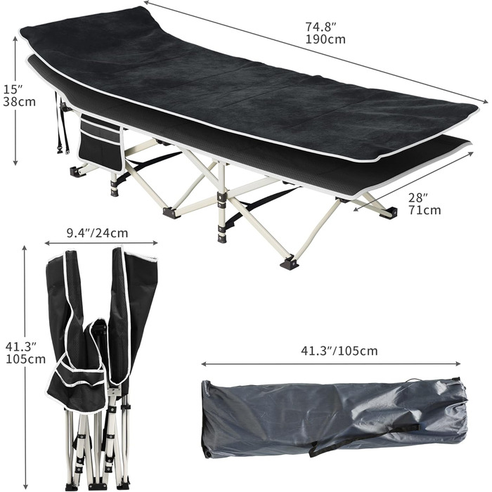 Зручне розкладне ліжко YITAHOME для кемпінгу та відпочинку на природі. Міцне, розкладне ліжко з матрацом, чорного кольору. Ідеально для подорожей та відпочинку на відкритому повітрі.
