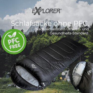 Спальний мішок EXPLORER® EF-200 XXL -18°C для дорослих. Теплий, великий, 220x80 см. Ідеально для кемпінгу, трекінгу, відпочинку на природі та подорожей. PFC-free, чорний.