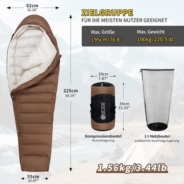 Пуховий спальний мішок для дорослих та дітей, легкий зимовий, Outdoor 8°C ~ -30°C для кемпінгу та альпінізму, 650 FP гусячий пух (коричневий, 1000г пуху)