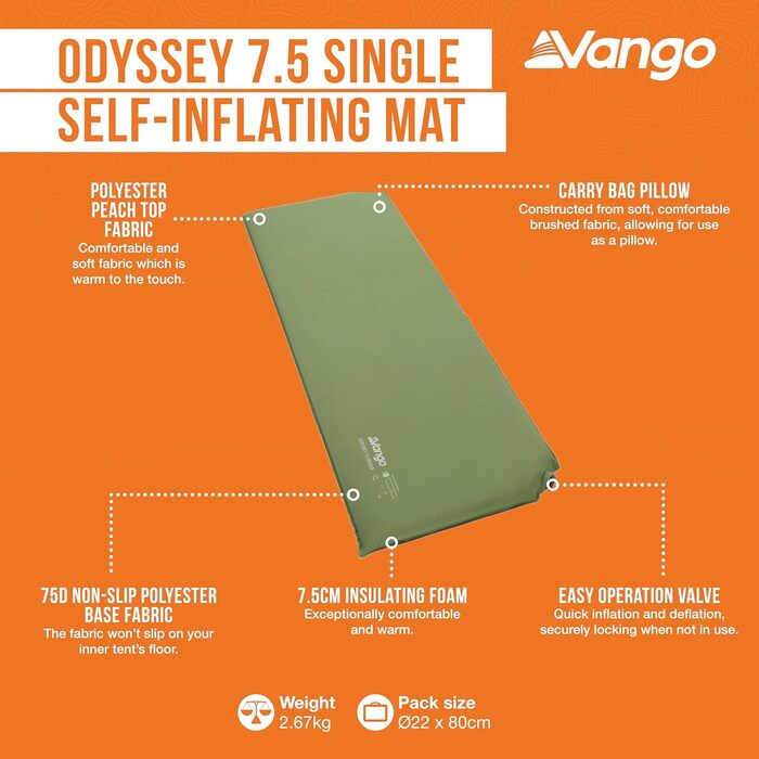 Самонадувний килимок для сну Vango Odyssey Epsom Green 7.5 см, односпальний
